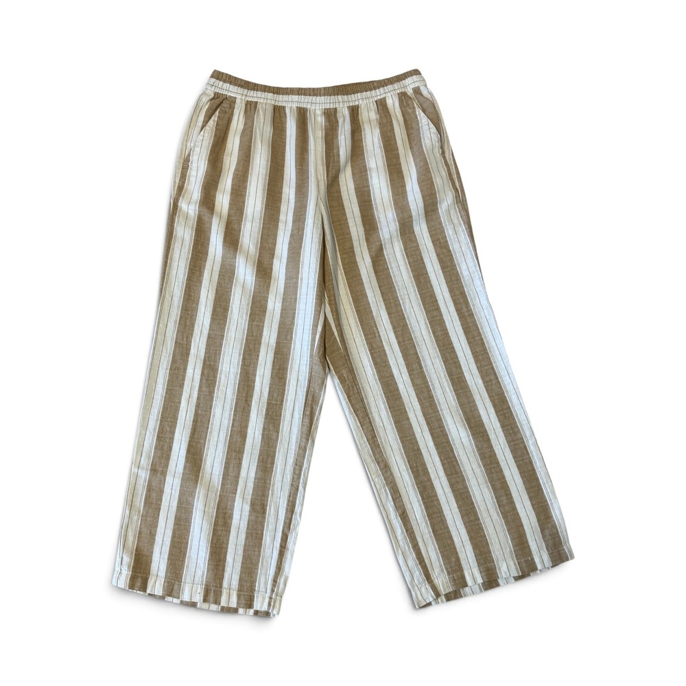 Old Navy Womens Tan White Striped Linen Blend Wide Leg Elastic Waist Pants L